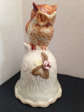 Vintage Porcelain Bell - Wheat/tan Owl Bell With Flower - 5 " Tall - 61