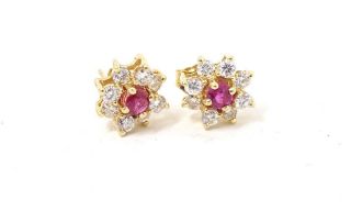 14k Yellow Gold Diamond & Ruby Earrings - Vintage Estate Earrings.