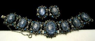 Rare Vintage Selro Blue Confetti Glass Rhinestone 7 " Bracelet & Earring Set A9