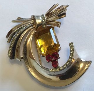 Vintage Crown Trifari Signed Sterling Silver Citrine And Red Rhinestone Fur Clip