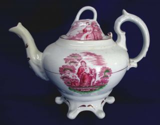 Antique Staffordshire Pink Luster Ware Hope & Charity Footed Teapot