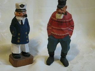 2 Hand Carved 1 Sea Captain 6 " And 1 Fisherman 7 " Wooden Nautical Figurines