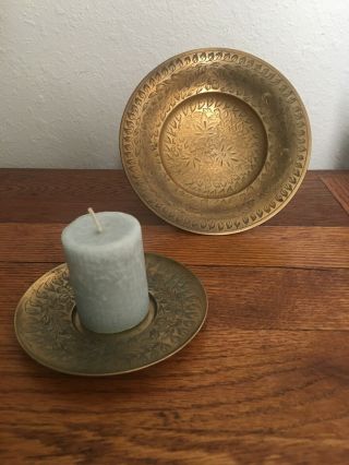 Vintage Solid Brass 6” Etched Pedestal Dish,  Small 4” Candle Holder
