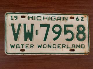 1962.  Michigan License Plate Vintage Water Wonderland