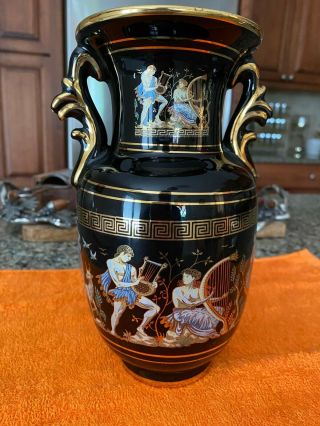 Greek Vase / Urn,  Hand Made In Greece In 24k Gold - Black With Gold,  8.  25 " H