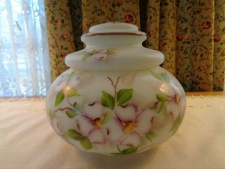Gorgeous Vintage Hand Painted Satin Glass Lidded Biscuit Jar - Dogwood Flowers