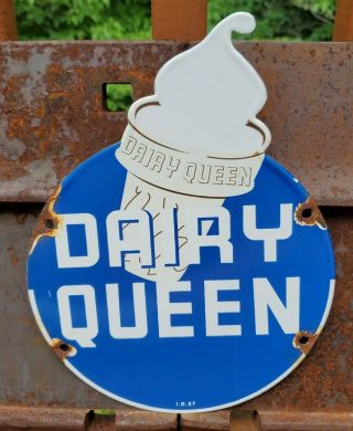 Vintage I.  R.  57 Dairy Queen Ice Cream Porcelain Advertising Sign Die Cut