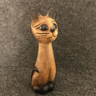 Vintage Hand Carved Wooden Siamese Cat Figurine Mid Century Modern 6 Inches