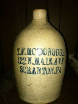 Antique 1/2 Gallon Stoneware Jug T.  F.  Mcdonough Scranton Pa