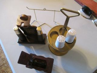 VINTAGE MISCELLANEOUS SALT AND PEPPER SHAKERS SEWING MACHINE,  WIRE RACK WOODEN 2