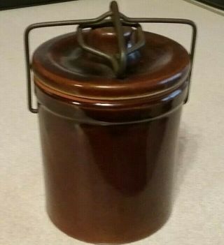 Vintage Dark Brown Stoneware Cheese Crock With Wire Bail Latch Lid & Seal 5”