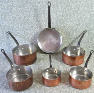 Quality 5.  6 Kg Set Vintage French Copper 5 Saucepans 1 Saute Pan Tin Lined 12lb