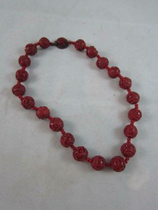 Vintage Hand Carved Chinese Cinnabar Beaded Necklace Dbl Knots 17 " Long