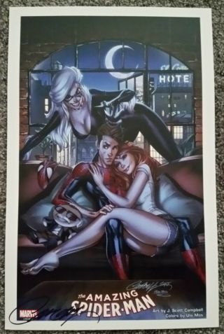 J Scott Campbell Spider - Man Black Cat Mary Marvel Sdcc 11x17 Art Print Signed