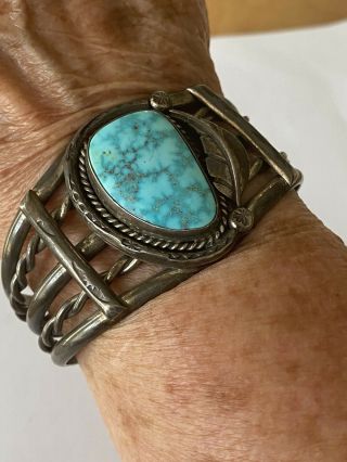 Vintage Old Pawn Navajo Turquoise Sterling Silver Hand Stamped Cuff Bracelet