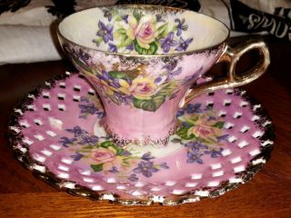 Royal Halsey Very Fine Tea Cup And Saucer Pink/ Purple Floral/ Gold Trim /irrdes