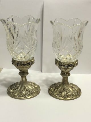 Vintage Godinger Silver Plated Crystal Candle Holders Set Of 2,  Neat Look
