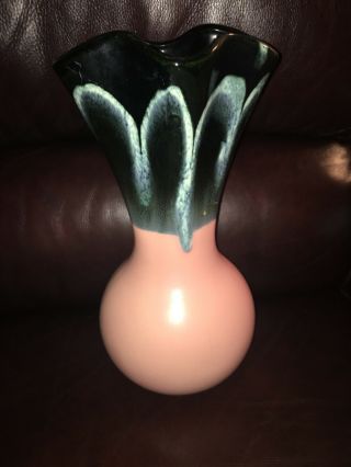 Vtg Ceramic 13 " Tall Vase Ruffled Edge Black Drip Glaze Pink Usa 2146