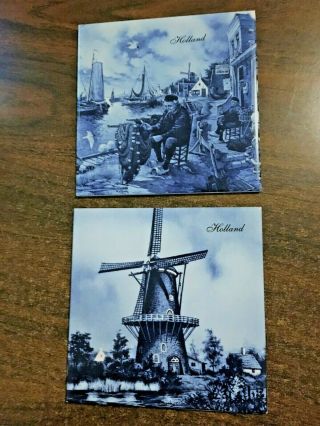 Delft Blue Holland Dutch Tile Set Of 2 By Ter Steege Windmill Fishermen