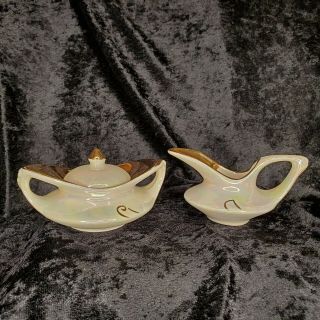 Unique Vintage Lusterware Opalescent Creamer & Sugar Bowl With Lid Gold Trim