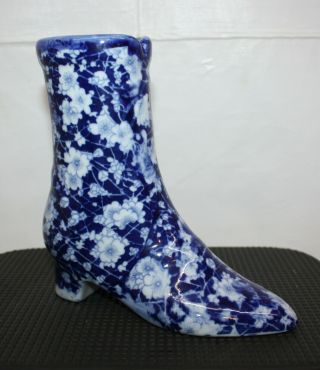 Vintage White Porcelain Hand Painted Shoe / Boot Tabletop Decor Blue Flowers