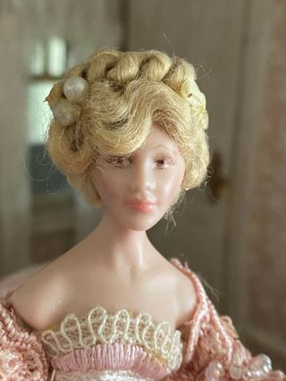 Vintage Miniature Dollhouse Doll Porcelain Artisan Sculpted Woman Blonde In Pink