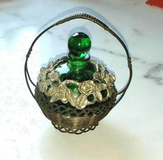 Antique Round Green Perfume Bottle W/ Stopper In Woven Metal Silver Basket