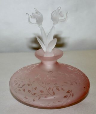 Vintage Pink Frosted Glass Roses Perfume Bottle Delicate Floral Stopper