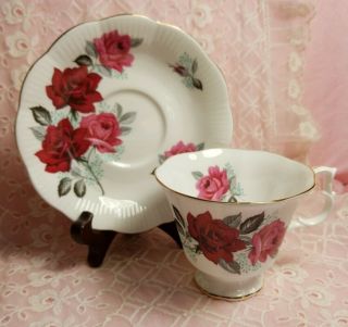 Vintage Royal Albert Red And Pink Roses Pedestal Tea Cup & Saucer Set