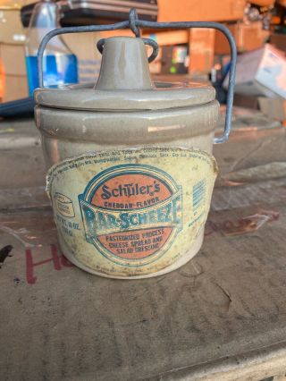 Vintage Win Schuler ' s Cheese Crock Wire Clamp Stoneware Pottery with Label 2