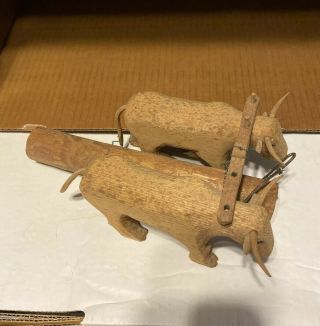 Vintage Hand Carved Wood Oxen On A Yoke Pulling A Large Tree,  Yoked Oxen