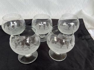 Brandy Snifters 5 Large Glasses.  Etched Crystal Of Tall Ship.  Vintage.