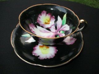 Cup Saucer Japan Hand Painted Purple Orchids Midnight Black Fields