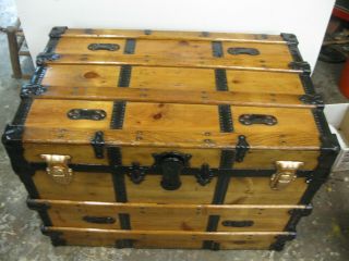 Antique Steamer Trunk Vintage Classic Victorian Flat Top Wooden Chest