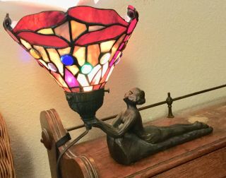 Vintage Art Deco Style Lamp,  Reclining Lady Holding A Dragonfly Stained Glass S