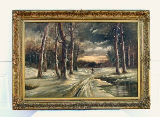 Vintage Antique Winter Landscape Forest Painting Ornate Gesso Wood Frame Signed