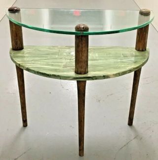 Vintage Mid Century Modern Demi Lune Table Faux Marble Shelf & Glass Top Small