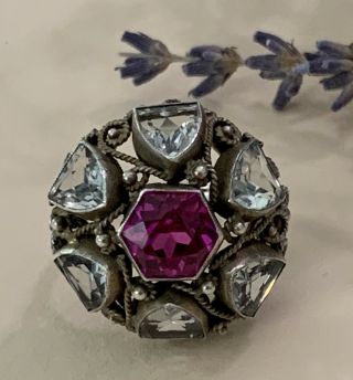 Vintage Arts And Craft Pink Sapphire Aquamarine Silver Antique Ring