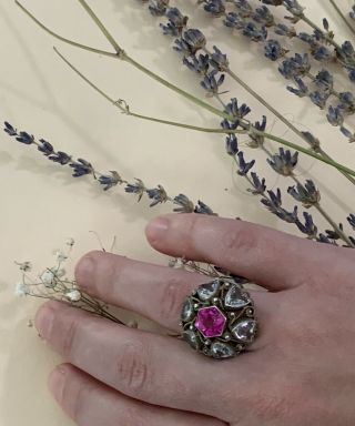 Vintage Arts And Craft Pink Sapphire Aquamarine Silver Antique Ring 2