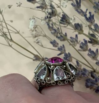 Vintage Arts And Craft Pink Sapphire Aquamarine Silver Antique Ring 3