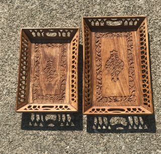 Set Of Two Very Detailed Carved Wood Trays