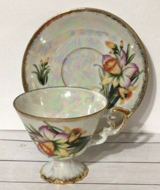 Vintage Porcelain Lusterware Tea Cup & Saucer " March Daffodil " Japan