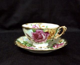 Vintage Royal Sealy China Red/yellow Roses Tea Cup With Saucer Gold Trim Japan