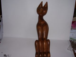 Vintage Mid Century Carved Wood Cat Statue 16 "