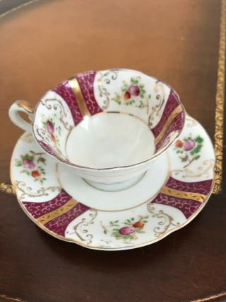 Antique Tea Cup/saucer Made In Japan With Hand - Painted Flowers And Gold Trim