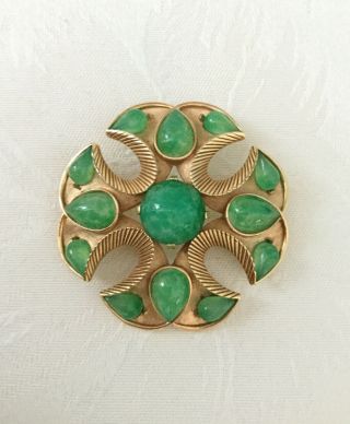 Vintage Crown Trifari Signed Green Faux Jade Glass Maltese Cross Gold Brooch