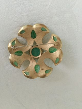 Vintage CROWN TRIFARI Signed Green Faux Jade Glass Maltese Cross Gold Brooch 3
