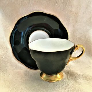Vintage E.  B.  Foley Tea Cup & Saucer Black With Gold,  White - Bone China England