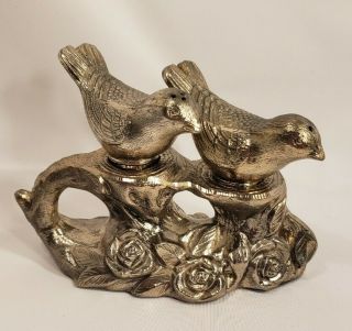 Vintage Bird Metal Salt And Pepper Shakers On A Rose Branch Stand From Japan