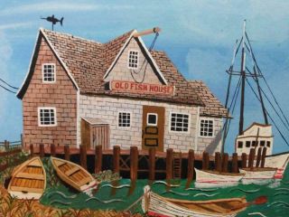 Vintage American Folk Art Cape Cod Boats Fish House Landscape Painting C Laona